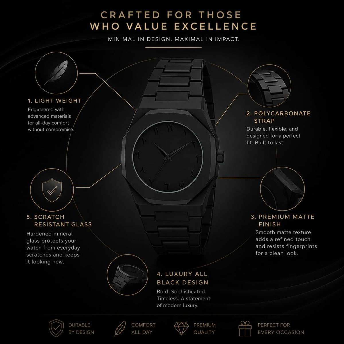 Premium Black Arabic Dial Watch for Men and Boys