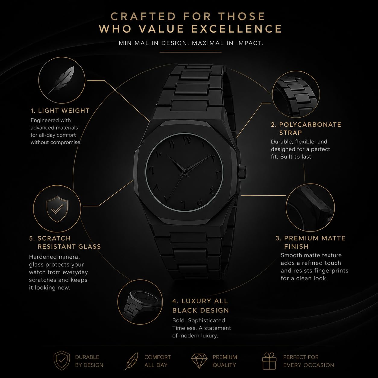 Premium Black Arabic Dial Watch for Men and Boys