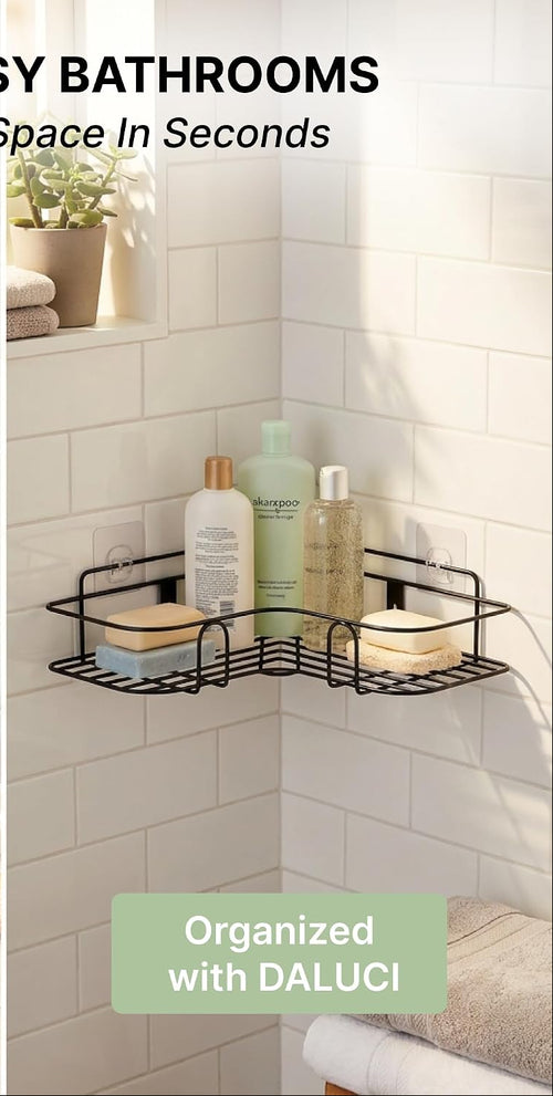 A split before-and-after bathroom scene showing a black corner wall shelf mounted on white subway tile. The left panel is labeled 'Cluttered & Messy' with various toiletries piled on the ledge and floor; the right panel is labeled 'Organized with DALUCI' with the same items neatly arranged on the shelf.
